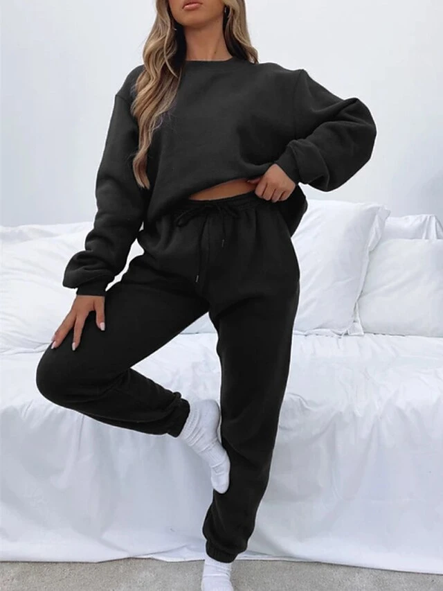 Women's Lounge Sets Sweatsuits Tracksuits Pure Color Fashion Casual Comfort Daily Going Out Polyester Breathable Crew Neck Long Sleeve Pant Elastic Waist Fall Winter Black White 2 Women's Lounge Sets Sweatsuits Tracksuits Pure Color Fashion Casual Comfort Daily Going Out Polyester Breathable Crew Neck Long Sleeve Pant Elastic Waist Fall Winter Black White - Image 2