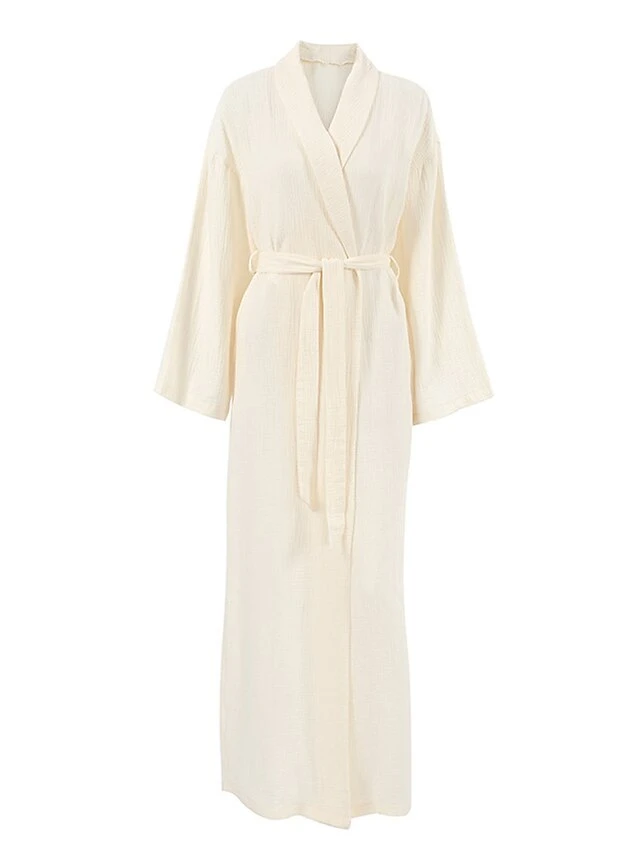 Women's Pajamas Bathrobe Robes Gown Pure Color Simple Casual Comfort Wedding Party Cotton Breathable V Wire Long Sleeve Fall Winter Beige 2 Women's Pajamas Bathrobe Robes Gown Pure Color Simple Casual Comfort Wedding Party Cotton Breathable V Wire Long Sleeve Fall Winter Beige - Image 2