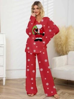 Women's Christmas Pajamas Sets Santa Claus Snowflake Warm Comfort Soft Home Christmas Daily Polyester Gift V Wire Long Sleeve Pant Fall Winter Wine Green