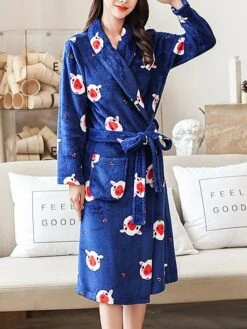 Women's Pajamas Robe Robes Gown Animal Warm Fashion Casual Home Daily Bed Flannel Warm Breathable V Wire Long Sleeve Robe Top Pocket Belt Included Fall Winter Dark Blue