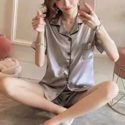 Women's Pajamas Sets Nighty Pjs 2 Pieces Pure Color Fashion Simple Comfort Home Daily Bed Satin Breathable Lapel Short Sleeve Shorts Elastic Waist Spring Summer Green Blue / Silk -Deals The Sexy Bra Store hgjbrk1637840358724
