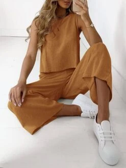 Women's Linen Blend Loungewear Sets 2 Pcs Crew Neck Sleeveless Top And Wide Leg Pants Elastic Waist Pure Color Fashion Street Daily Vacation Summer Spring Black White -Deals The Sexy Bra Store hgtneb1688023917770
