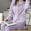 Women's Loungewear Sets Pure Color Fashion Comfort Soft Home Daily Bed Cotton Breathable Lapel Long Sleeve Shirt Pant Button Pocket Fall Winter 8862 Months Prynne 8866 Fantasy Purple