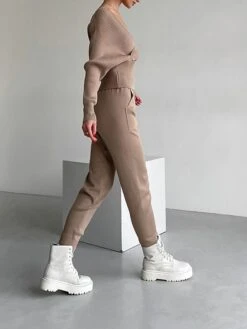 Women's Knitted Lounge Sets Pure Color Fashion Comfort Soft Street Daily Date Acrylic Breathable V Wire Long Sleeve Pant Summer Fall Black Pink -Deals The Sexy Bra Store hifskp1690533193795