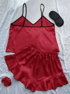 Women's Pajamas Pajama Top And Pant Sets Pure Color Simple Casual Soft Home Daily Bed Satin Breathable Straps Short Sleeve Strap Top Shorts Summer Spring Lotus Pink Black -Deals The Sexy Bra Store hihsob1680597777818