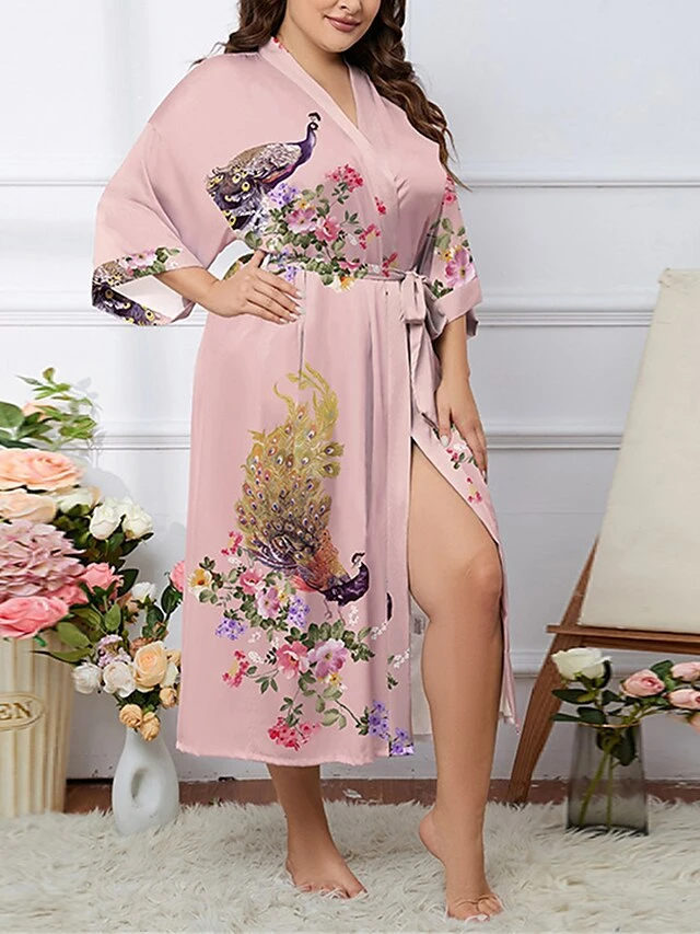 Women's Plus Size Pajamas Bathrobe Animal Flower Simple Casual Comfort Home Bed Polyester Breathable V Wire Long Sleeve Fall Winter 2669 Night Leopard 2669 Peacock Pollen 3 Women's Plus Size Pajamas Bathrobe Animal Flower Simple Casual Comfort Home Bed Polyester Breathable V Wire Long Sleeve Fall Winter 2669 Night Leopard 2669 Peacock Pollen - Image 3