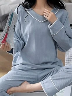 Women's Pajamas Sets Nighty Pjs 2 Pieces Pure Color Fashion Simple Comfort Home Daily Bed Cotton Breathable Gift V Wire Long Sleeve Pant Elastic Waist Fall Spring Green Blue -Deals The Sexy Bra Store hiuqjk1640598860958