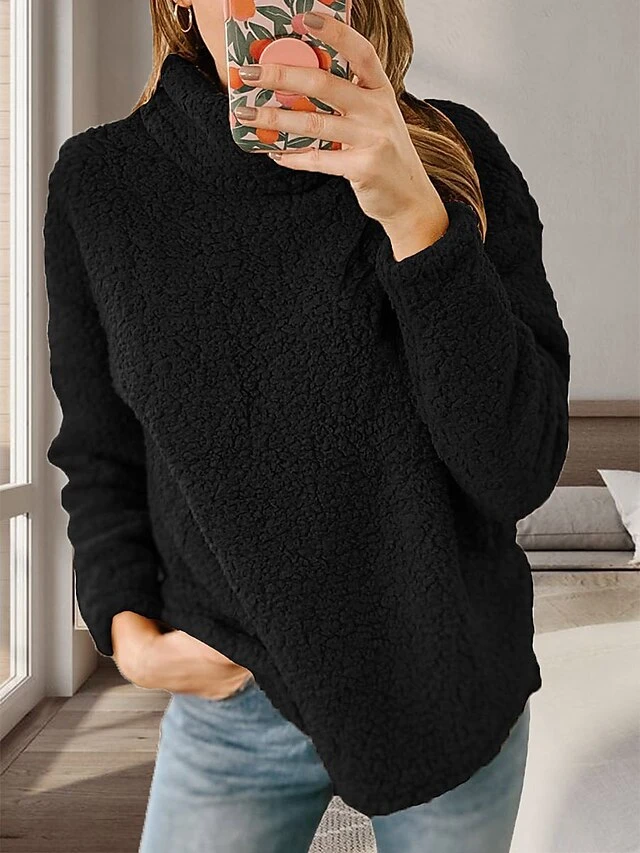 Women's Fleece Turtleneck Lounge Top Pure Color Plush Casual Comfort Home Street Daily Polar Fleece Warm Stand Collar Long Sleeve Pullover Fall Winter Black White 6 Women's Fleece Turtleneck Lounge Top Pure Color Plush Casual Comfort Home Street Daily Polar Fleece Warm Stand Collar Long Sleeve Pullover Fall Winter Black White - Image 6