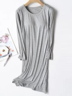 Women's Modal Nightgown With Chest Pads Nightdress Pure Color Simple Casual Comfort Home Daily Bed Breathable Crew Neck Long Sleeve Fall Winter Black Pink -Deals The Sexy Bra Store hkjrjx1696839104270