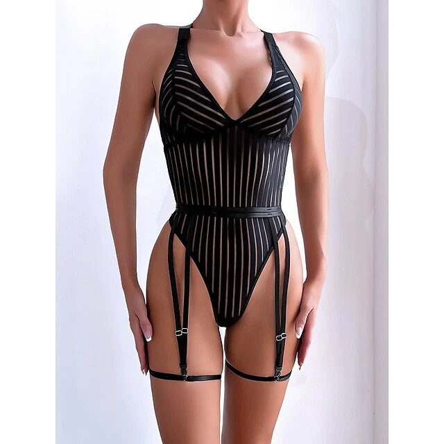 Women's Sexy Bodies Bodysuits Stripe Lovers Hot See Through Date Valentine's Day Polyester Breathable Sleeveless Backless Summer Spring Black 1 Women's Sexy Bodies Bodysuits Stripe Lovers Hot See Through Date Valentine's Day Polyester Breathable Sleeveless Backless Summer Spring Black