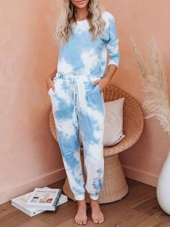 Women's Plus Size Tie Dye Lounge Sets 2 Pieces Fashion Casual Comfort Street Daily Date Polyester Breathable Crew Neck Long Sleeve Pant Pocket Summer Fall Black White