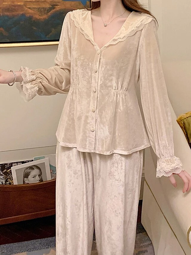 Women's Pajamas Sets Pure Color Casual Comfort Soft Home Daily Bed Velvet Breathable Lapel Long Sleeve Shirt Pant Button Fall Winter Pink Beige 8 Women's Pajamas Sets Pure Color Casual Comfort Soft Home Daily Bed Velvet Breathable Lapel Long Sleeve Shirt Pant Button Fall Winter Pink Beige - Image 8