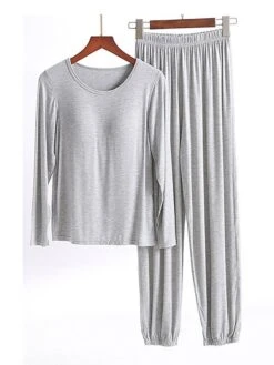 Women's Modal Pajamas Sets With Chest Pads Pure Color Casual Comfort Home Bed Modal Breathable Crew Neck Long Sleeve T Shirt Tee Pant Elastic Waist Fall Winter Black White -Deals The Sexy Bra Store hndayr1696841766849