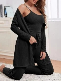 Women's Loungewear Sets Nighty 3 Pieces Pure Color Comfort Home Polyester Straps Long Sleeve Pant Winter Fall Green Brown