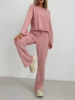 Women's Loungewear Sets Pure Color Fashion Comfort Soft Home Daily Bed Polyester Breathable Crew Neck Long Sleeve T Shirt Tee Pant Elastic Waist Fall Winter White Pink -Deals The Sexy Bra Store hotdfp1693206728624