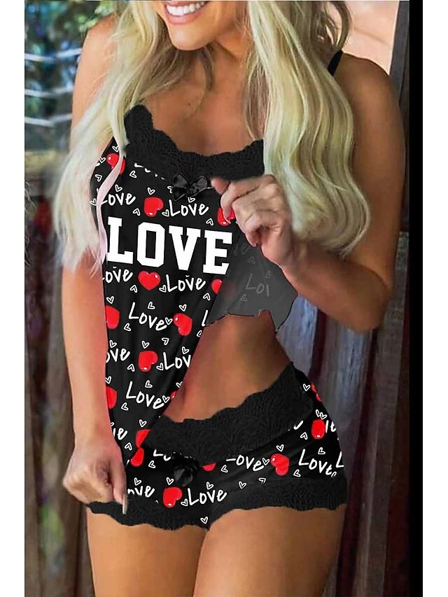 Women's Pajamas Pajama Top And Pant Sets Letter Flower Hot Casual Soft Home Daily Bed Polyester Breathable Straps Sleeveless Strap Top Shorts Summer Spring Black Pink 3 Women's Pajamas Pajama Top And Pant Sets Letter Flower Hot Casual Soft Home Daily Bed Polyester Breathable Straps Sleeveless Strap Top Shorts Summer Spring Black Pink - Image 3