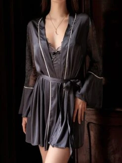 Women's Satin Silk Lace Robe Pajamas Nightgown Nightshirt Dress Pure Color Simple Casual Comfort Home Daily Bed Satin Breathable V Wire Long Sleeve Belt Included Fall Winter Black White -Deals The Sexy Bra Store hpuizg1697170318488