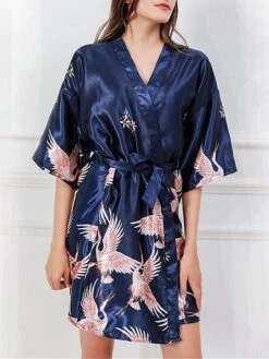 Women's Satin Silk Bathrobe Dressing Gown Animal Flower Print Casual Comfort Soft Home Daily Bed Satin Breathable V Wire Half Sleeve Summer Fall Black Pink -Deals The Sexy Bra Store hqgone1689506607029