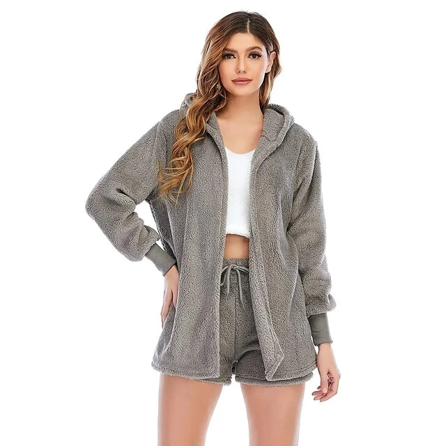 Women's Hooded Pajama Sets 3 Pieces Fluffy Fleece Long Sleeves Coat Shorts Vest For Winter Gift For Valentine's Day 18 Women's Hooded Pajama Sets 3 Pieces Fluffy Fleece Long Sleeves Coat Shorts Vest For Winter Gift For Valentine's Day - Image 18