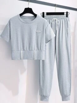 Women's Loungewear Sets Pure Color Fashion Casual Comfort Street Daily Date Polyester Breathable Crew Neck Short Sleeve Pant Pocket Summer Fall Black Light Grey -Deals The Sexy Bra Store hqjjwj1691046340518