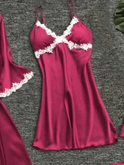 Women's Satin Silk Pajama Sets 5 Pieces Pure Color Simple Casual Soft Home Daily Bed Polyester Breathable V Wire Long Sleeve Pant Elastic Waist Summer Spring Lake Blue Black -Deals The Sexy Bra Store hrwqby1680599081470