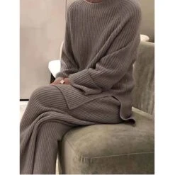 Women's Plus Size Knit Lounge Sets Home Party Street Daily Basic Pure Color Cotton Simple Soft Daily Sport Sweater Pant Fall Winter Round Neck Long Sleeve -Deals The Sexy Bra Store hsfypb1622552238112