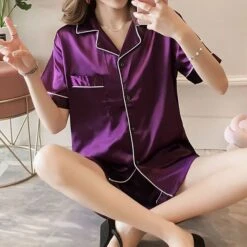 Women's Pajamas Sets Nighty Pjs 2 Pieces Pure Color Fashion Simple Comfort Home Daily Bed Satin Breathable Lapel Short Sleeve Shorts Elastic Waist Spring Summer Green Blue / Silk -Deals The Sexy Bra Store hsjpuv1637840359258