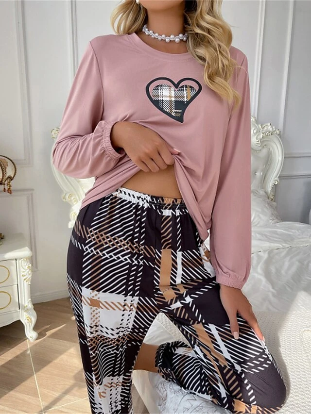 Women's Loungewear Sets Heart Grid / Plaid Simple Casual Comfort Home Daily Bed Polyester Breathable Crew Neck Long Sleeve T Shirt Tee Pant Fall Winter Lotus Pink 1 Women's Loungewear Sets Heart Grid / Plaid Simple Casual Comfort Home Daily Bed Polyester Breathable Crew Neck Long Sleeve T Shirt Tee Pant Fall Winter Lotus Pink