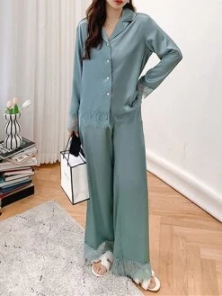 Women's Pajamas Sets Pure Color Casual Comfort Soft Home Daily Bed Satin Breathable Lapel Long Sleeve Shirt Pant Button Summer Fall Light Green Pink -Deals The Sexy Bra Store htlsmz1693295696755