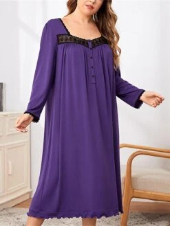 Women's Plus Size Pajamas Nightgown Nightshirt Dress Patchwork Simple Casual Comfort Home Daily Bed Polyester Breathable Square Neck Long Sleeve Summer Spring Purple -Deals The Sexy Bra Store htvbwt1676281942206