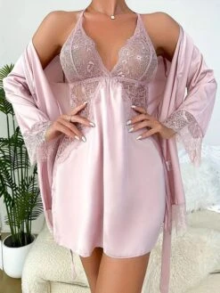 Women's Pajamas Bathrobe Nightgown Pure Color Simple Casual Comfort Home Daily Bed Polyester Breathable Plunging Neck Long Sleeve Fall Winter Lotus Pink Black -Deals The Sexy Bra Store hujonv1694072414241