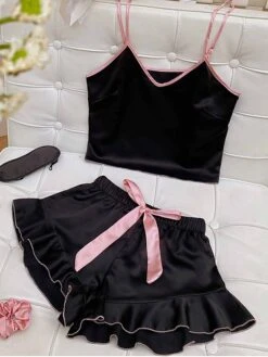 Women's Pajamas Pajama Top And Pant Sets Pure Color Simple Casual Soft Home Daily Bed Satin Breathable Straps Short Sleeve Strap Top Shorts Summer Spring Lotus Pink Black -Deals The Sexy Bra Store hutwcu1680597765804
