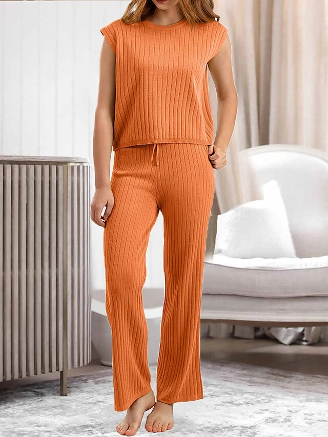 Women's Lounge Sets 2 Pieces Sweater Sets Pure Color Fashion Casual Comfort Street Daily Date Polyester Breathable Crew Neck Sleeveless Pant Summer Fall Black Orange 2 Women's Lounge Sets 2 Pieces Sweater Sets Pure Color Fashion Casual Comfort Street Daily Date Polyester Breathable Crew Neck Sleeveless Pant Summer Fall Black Orange - Image 2