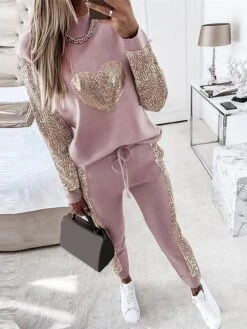 Women's Heart Sequin Lounge Sets Fashion Casual Comfort Street Daily Date Cotton Breathable Stand Collar Long Sleeve Pullover Elastic Waist Pants Fall Winter Pink
