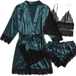 Women's Satin Silk Pajamas Sets 4 Pcs Pure Color Simple Hot Fashion Home Bed Spa Satin Breathable Gift V Wire Half Sleeve Crop Top Shorts Elastic Waist Hole Fall Spring Green Black -Deals The Sexy Bra Store hvqary1636527389036