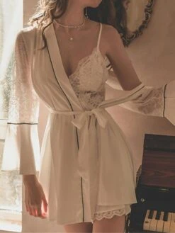 Women's Satin Silk Bathrobe Nightgown Nightshirt Dress 2 Pieces Pure Color Comfort Soft Sweet Home Daily Bed Breathable V Wire Long Sleeve Backless Hole Fall Winter Black White -Deals The Sexy Bra Store hvugic1697699906657