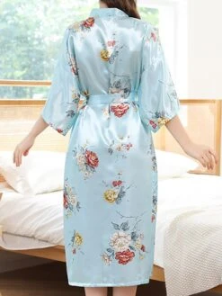 Women's Pajamas Robes Gown Bathrobes Nighty 1 PCS Flower Simple Comfort Kimono Robes Home Wedding Party Spa Satin Gift Long Sleeve Print Belt Included Spring Summer Blue Pink -Deals The Sexy Bra Store hxzoux1644490240958
