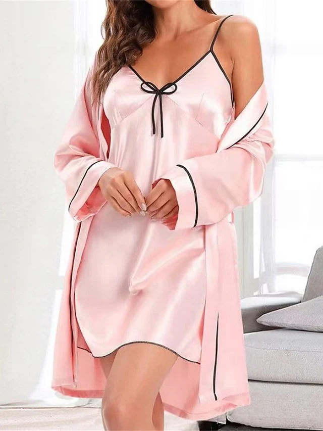 Women's Pajamas Robes Gown Nightshirt Dress 2 Pieces Pure Color Fashion Casual Soft Home Daily Bed Polyester Breathable Straps Long Sleeve Summer Fall Black Pink 1 Women's Pajamas Robes Gown Nightshirt Dress 2 Pieces Pure Color Fashion Casual Soft Home Daily Bed Polyester Breathable Straps Long Sleeve Summer Fall Black Pink