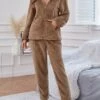 Women's Loungewear Sets Pure Color Maillard Plush Casual Comfort Home Daily Vacation Flannel Warm Hoodie Long Sleeve Cardigan Pant Pocket Fall Winter Khaki