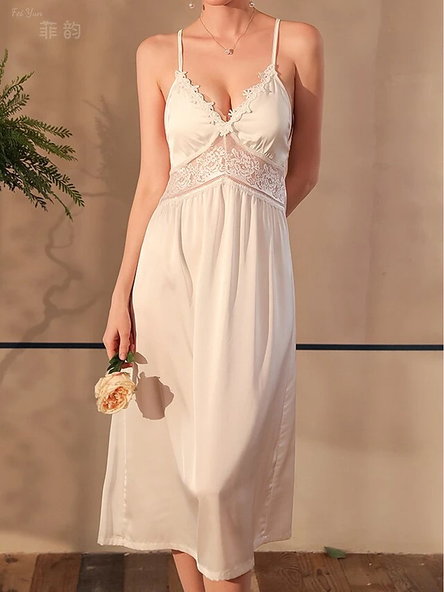 Women's Pajamas Nightgown Nightshirt Dress Pure Color Simple Casual Comfort Home Daily Bed Ice Silk Breathable Straps Sleeveless Backless Fall Winter Black White 6 Women's Pajamas Nightgown Nightshirt Dress Pure Color Simple Casual Comfort Home Daily Bed Ice Silk Breathable Straps Sleeveless Backless Fall Winter Black White - Image 6