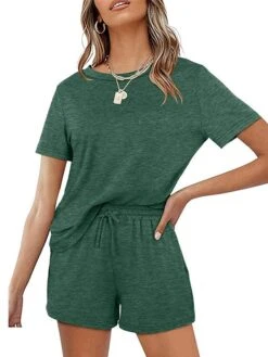 Women's Loungewear Sets Nighty 2 Pieces Pure Color Simple Comfort Home Street Cotton Crew Neck Short Sleeve T Shirt Tee Shorts Spring Summer Green Blue -Deals The Sexy Bra Store idczpo1655894540648