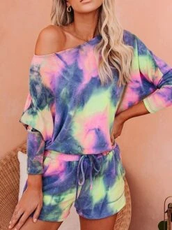 Women's Pajama Top And Pant Tie Dye Fashion Casual Soft Home Daily Bed Polyester Breathable One Shoulder Long Pant T Shirt Tee Shorts Summer Fall Light Green Blue -Deals The Sexy Bra Store idmcxk1690183503531