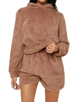 Women's Loungewear Sets Pure Color Maillard Fashion Plush Casual Home Daily Bed Flannel Breathable Hoodie Long Sleeve Hoodie Shorts Fall Winter Brown -Deals The Sexy Bra Store idoxsj1691654772239