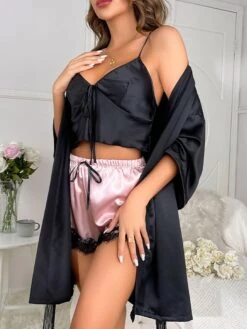 Women's Pajamas Sets 3 Pieces Pure Color Simple Casual Soft Home Daily Bed Polyester Breathable V Wire Long Sleeve Elastic Waist Spring Summer Black -Deals The Sexy Bra Store ieigua1676281785735