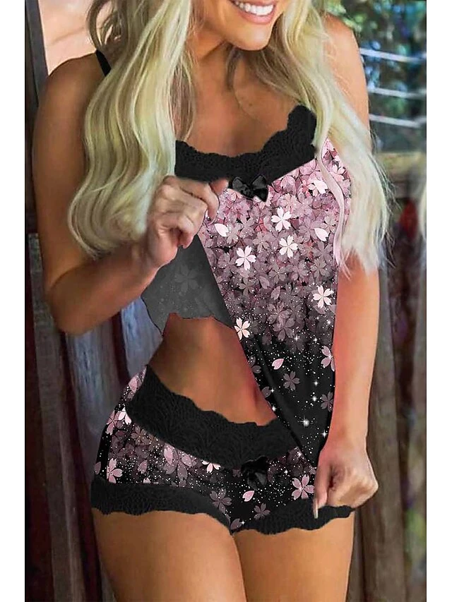 Women's Pajamas Pajama Top And Pant Sets Letter Flower Hot Casual Soft Home Daily Bed Polyester Breathable Straps Sleeveless Strap Top Shorts Summer Spring Black Pink 1 Women's Pajamas Pajama Top And Pant Sets Letter Flower Hot Casual Soft Home Daily Bed Polyester Breathable Straps Sleeveless Strap Top Shorts Summer Spring Black Pink