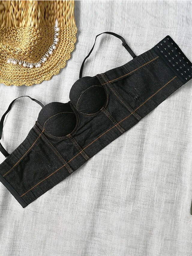 Women's Denim Corset Top Bustier Solid Fashion Bar Vacation Breathable Straps Sleeveless Backless Summer Spring Black Blue 14 Women's Denim Corset Top Bustier Solid Fashion Bar Vacation Breathable Straps Sleeveless Backless Summer Spring Black Blue - Image 14