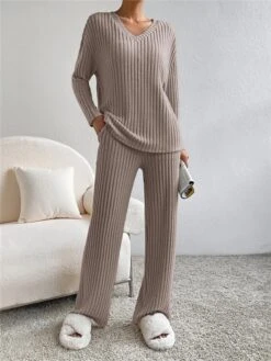Women's Loungewear Sets Knit Drop Shoulder Tee Sweater And Pants Pure Color Home Street Daily Polyester Breathable V Wire Long Sleeve Sweater Pant Pocket Fall Winter Black Blue -Deals The Sexy Bra Store iffwps1692950064011