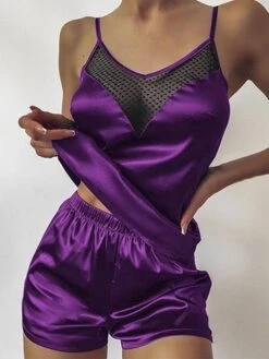 Women's Pajamas Sets Nighty Pjs 2 Pieces Pure Color Fashion Simple Comfort Home Daily Bed Satin Breathable Gift V Wire Sleeveless Shorts Backless Spring Summer Green Purple / Silk -Deals The Sexy Bra Store ifkvmm1639390220866