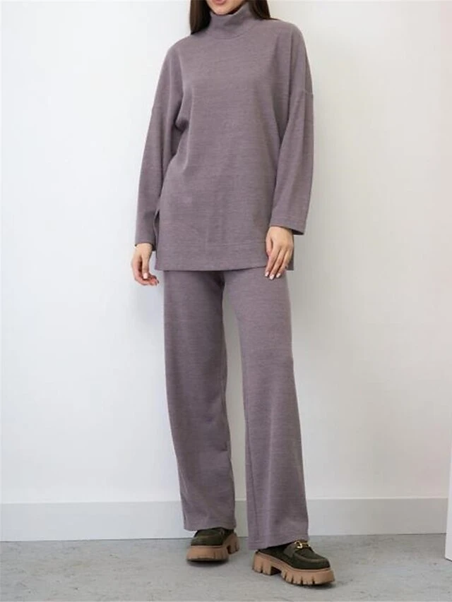 Women's Lounge Sets Turtle Neck Top And Wide Leg Pants Pure Color Fashion Casual Soft Home Daily Bed Polyester Breathable High Neck Long Sleeve Pant Fall Winter Black Blue 4 Women's Lounge Sets Turtle Neck Top And Wide Leg Pants Pure Color Fashion Casual Soft Home Daily Bed Polyester Breathable High Neck Long Sleeve Pant Fall Winter Black Blue - Image 4
