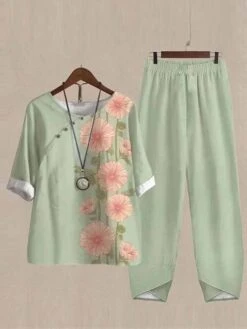 Women's Loungewear Sets Grid / Plaid Flower Fashion Casual Street Date Airport Polyester Breathable Crew Neck Half Sleeve T Shirt Tee Pant Summer Spring Light Green Pink -Deals The Sexy Bra Store ihqadt1679973736522